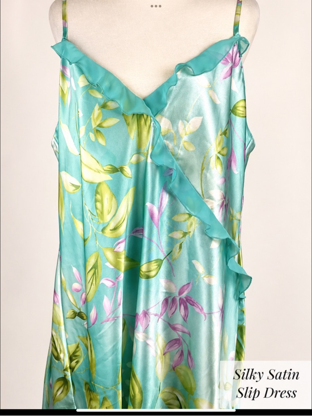 Valerie Stevens Silky Satin Floral Slip Dress XL Aqua Ruffle